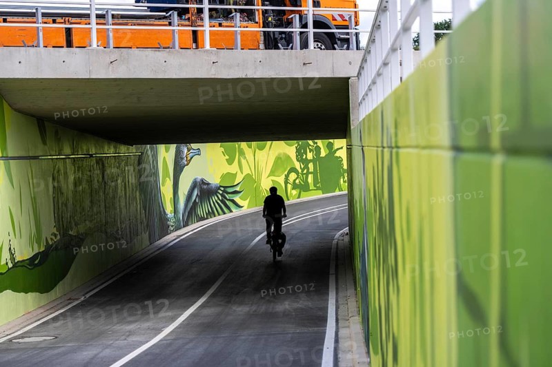 New bicycle tunnel at the junction of the B51 and Warendorfer Straße, in Münster, a bicycle and pedestrian tunnel, 150 metres long, 5.50 metres wide, crosses under the busy roads so that cyclists and pedestrians can pass without crossing, route to and from Münster city centre, visually designed with local motifs as murals, by Lackaffen.de, modern bicycle infrastructure, North Rhine-Westphalia, Germany