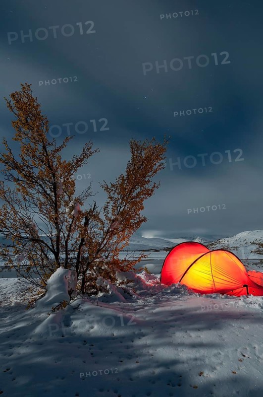 Tent in mountain landscape, Sarek National Park, World Heritage Laponia, Norrbotten, Lapland, Sweden, lighting, evening mood, Scandinavia