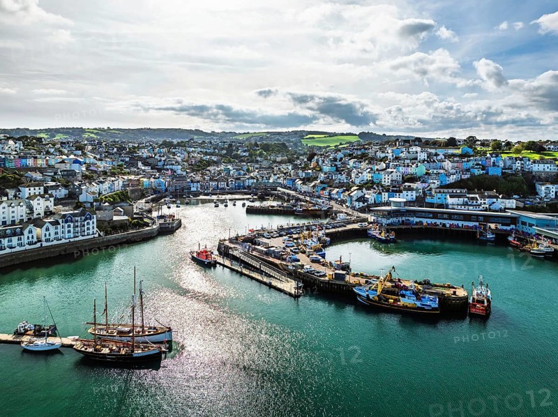 Brixham Hourbour and Brixham Marina from a drone, Brixham, Torbay, Devon, England, United Kingdom