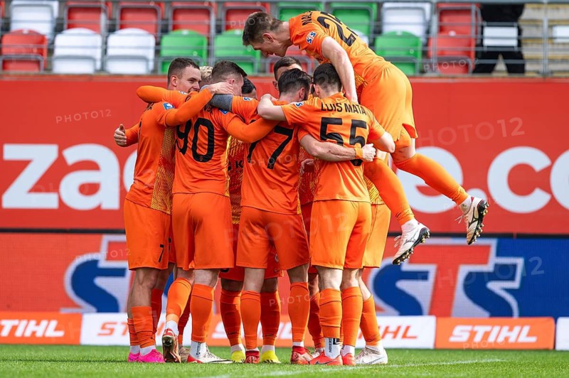 LUBIN, POLAND - FEBRUARY 18, 2024: Football match Polish PKO Ekstraklasa between KGHM Zaglebie Lubin vs Cracovia 1:1. Joy team of Zaglebie after scoring goal