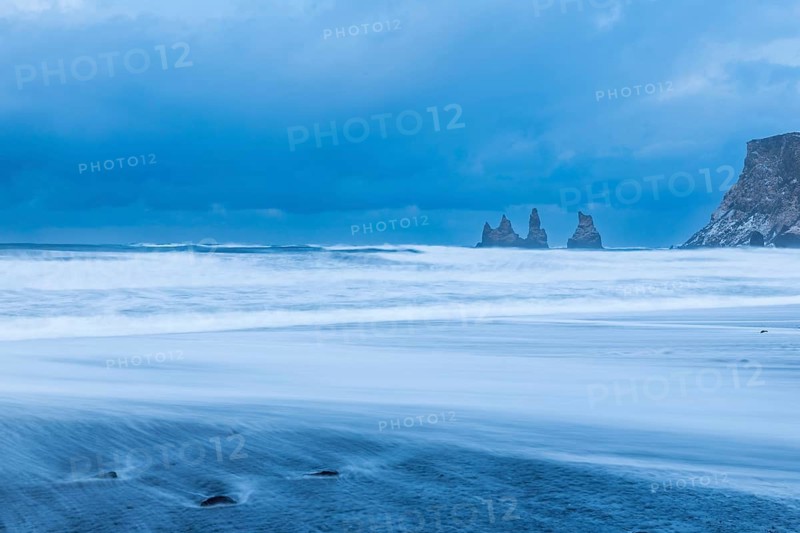 Reynisdrangar pinnacles, lava sandy beach, waves sea, winter, Vik, Iceland, Scandinavia