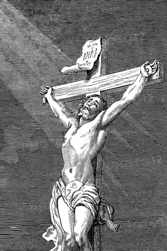 The crucifixion of Christ, King of the Jews, Golgotha hill, Gospel of Luke, chapter 23, New Testament, cross, ray of light, heaven, death, Jerusalem, Herod, nail, suffering, pain, sorrow, INRI, Romans, Christianity, Bible, historical illustration 1850