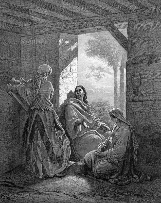 Jesus with Martha and Mary, Luke chapter 10, verse 38, interior, woman, simple house, room, jug, sitting, village, guest, hospitality, friendly, Christian religion, Bible, New Testament, steel engraving Doré, historical illustration 1885