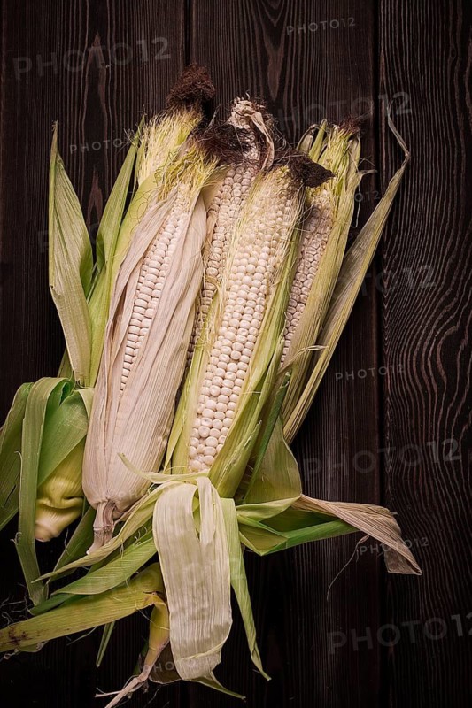 Corn cobs, on a wooden table, top view, close-up, rustic, selective focus, dairy corn
