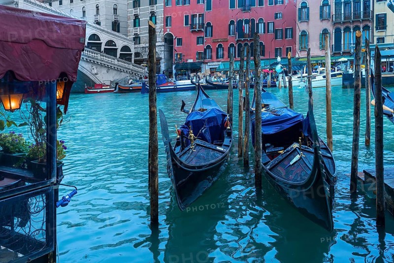 Gondolas anchor in the rain at the Rialto Bridge, Venice, Veneto, Italy