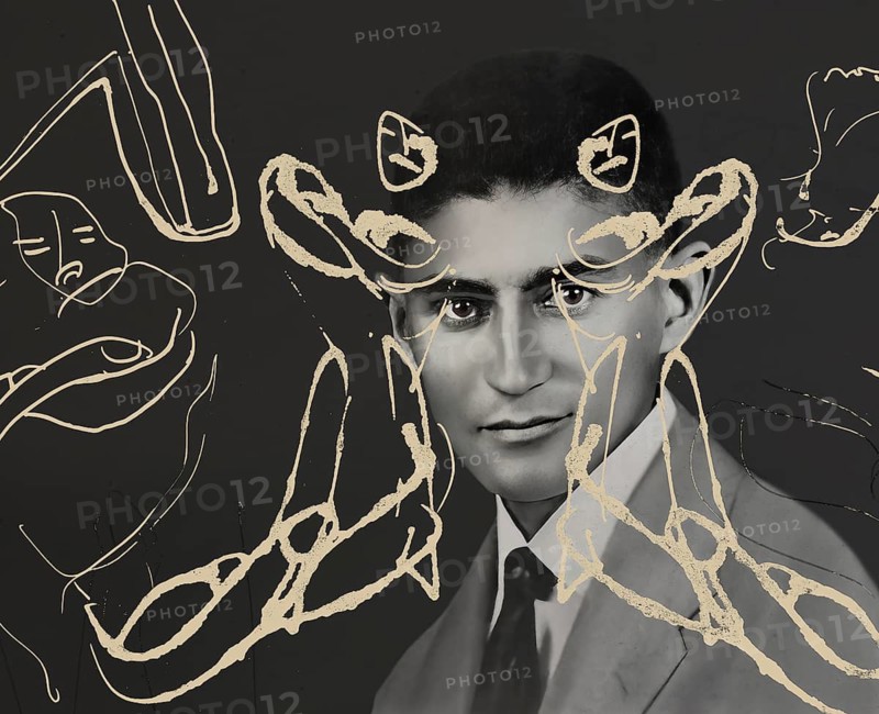 Portrait and a drawing of Franz Kafka, German-speaking Bohemian novelist, digitally edited according to a photograph