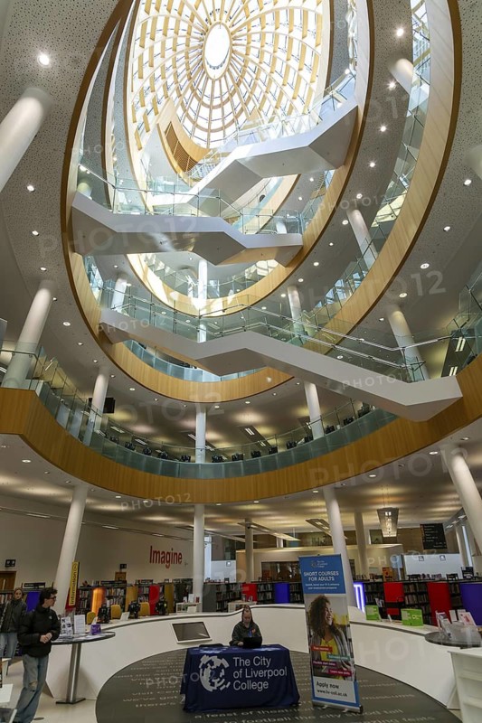Soaring modern elliptical atrium in the Central Library building, city of Liverpool, England, UK