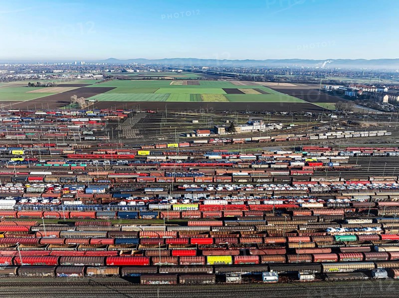 Mannheim marshalling yard. There are many freight trains and freight wagons on the tracks. aerial view. Mannheim, Badn-Württemberg, Germany