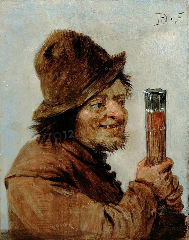 A Peasant Holding a Glass, painting by David Teniers (baptised 15 December 1610 in Antwerp, died 25 April 1690 in Brussels), Flemish painter, draughtsman and curator. He was an innovator in a variety of genres such as history painting, genre painting, landscape, portrait and still life. He is most remembered today as the leading Flemish genre painter of his time, reproduction from a 17th century painting. Authentic, file restored for optimal use, exact date of original unknown