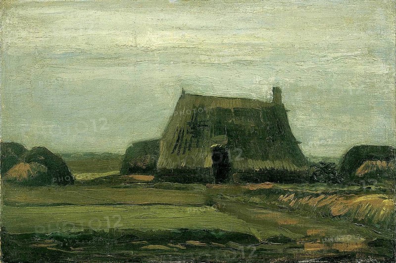 Farm with stacks of peat (1883), Bauernhof mit Torfhaufen (1883), Painting by Vincent Willem van Gogh (born 30 March 1853 in Groot-Zundert, died 29 July 1890 in Auvers-sur-Oise), Dutch painter and draughtsman, one of the founders of modern painting, Illustration, Reproduction from a painting. Authentic, exact date of original unknown, Historical, Lonely farmhouse with thatched roof in a gloomy rural setting