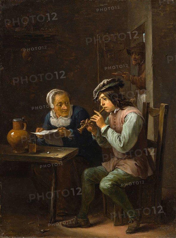 The Flageolet Player (1635-40), painting by David Teniers (baptised 15 December 1610 in Antwerp, died 25 April 1690 in Brussels), Flemish painter, draughtsman and curator. He was an innovator in a variety of genres such as history painting, genre painting, landscape, portrait and still life. He is most remembered today as the leading Flemish genre painter of his time, reproduction from a 17th century painting. Authentic, file restored for optimal use, exact date of original unknown