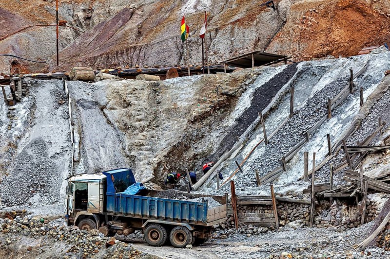 A truck is loaded in a quarry in a mining landscape in Bolivia, The silver mines of Potosi on Cerro Rico in Bolivia