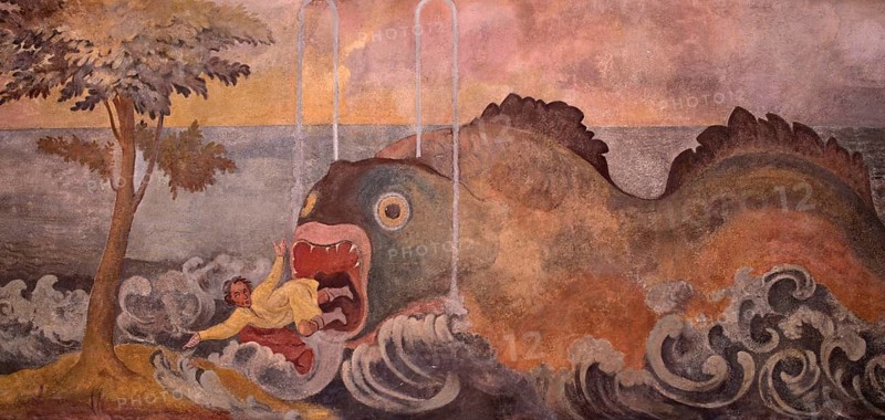 Facade painting by Toni Schönecker, fresco depicting the story of Jonah, Jonah in the whale, Café Walfisch, Altstadt, Wangen im Allgäu, Bavaria, Germany