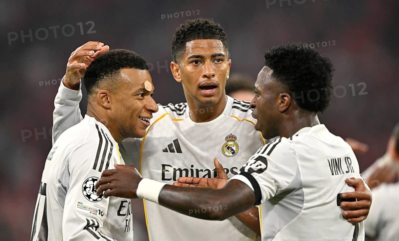 Cheers Joy Emotion Kylian Mbappé Real Madrid (10) Jude Bellingham Real Madrid (05) Vinicius Junior Real Madrid (07) Football UEFA Champions League CL Allianz Arena, Munich, Bavaria, Germany