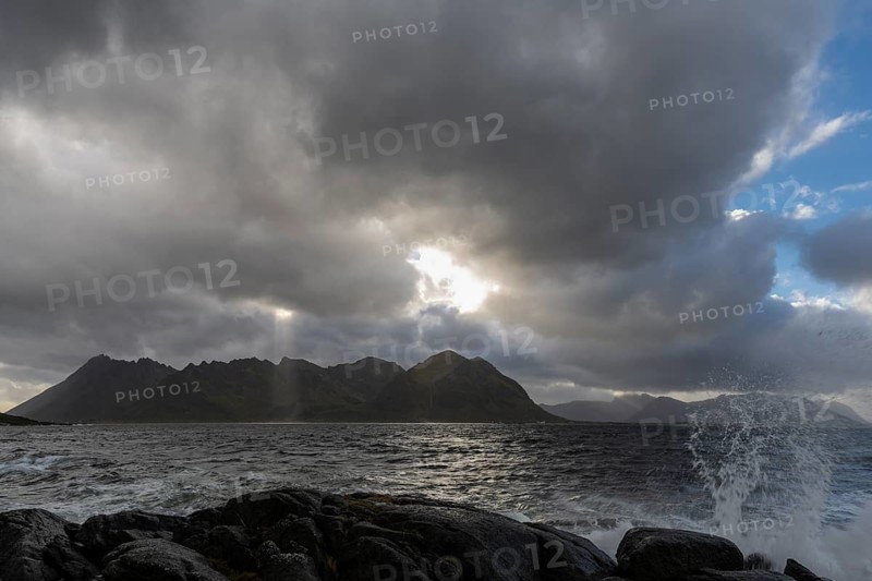Coastal landscape with ocean surf, Lofoten, Nordland, Norway, September 2020