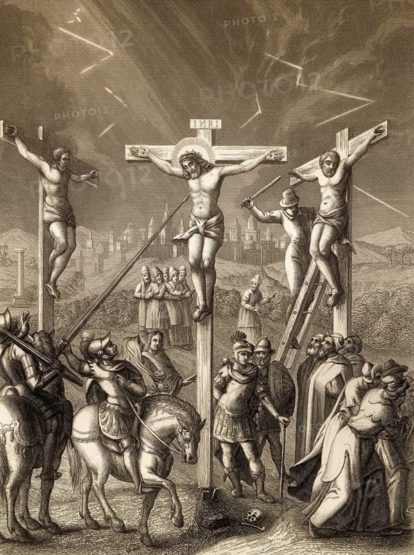 Crucifixion of Jesus, Mount Calvary, Jerusalem, New Testament, steel engraving 1853, digitally restored