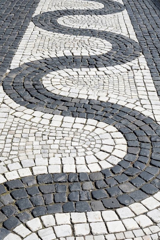 Wave-shaped paving art, street plaster, cobblestones at Augsburg City Market, Augsburg, Swabia, Bavaria, Germany
