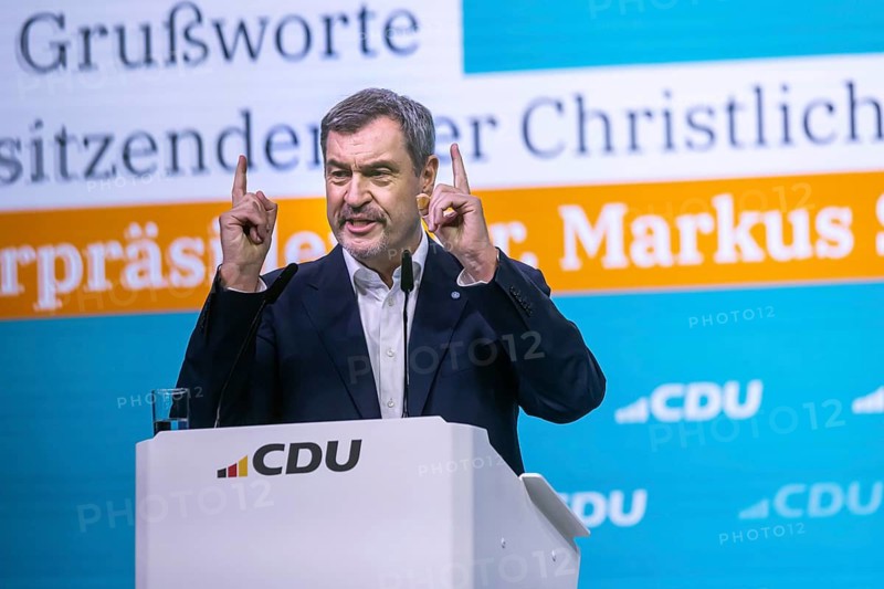 38th Federal Party Congress of the CDU of Germany in Stuttgart. Greetings from Markus Söder, party leader of the sister party CSU and Minister-President of the Free State of Bavaria. Stuttgart, Baden-Württemberg, Germany