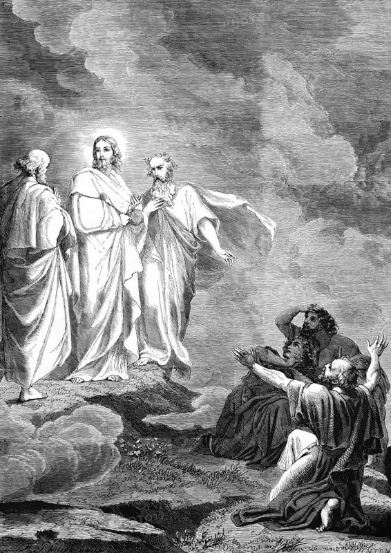 The Transfiguration, chapter 9, verse 7, Mark's Gospel, cloud, God, voice, Jesus, dear son, hear, apostle, fear, revelation event, Bible, historical illustration 1850
