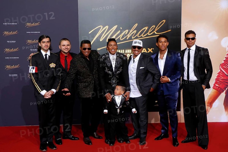 Bigi Jackson (aka Blanket Jackson, Prince Michael Joseph Jackson, II), Prince Michael Jackson, Jackie Jackson, Jermaine Jackson, Marlon Jackson and guests at the world premiere of the film Michael at Uber Platz in Berlin on 10 April 2026