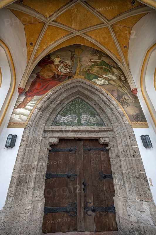 Portal of the Church of the Assumption of Mary, late Gothic Saalkirche, Erlach district of Simbach am Inn, Lower Bavaria, Germany