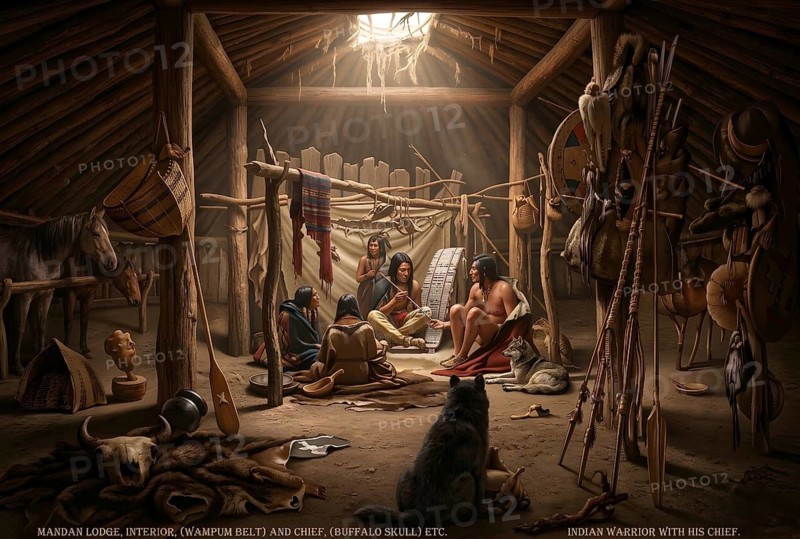 The interior of the hut of a Mandan chief, Mandan Indians, Indians, indigenous people, North America, Sioux, Missouri, historical illustration, digitally edited
