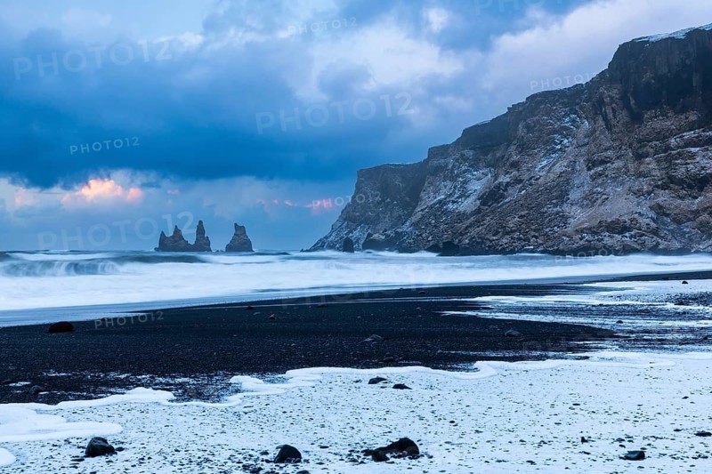 Reynisdrangar pinnacles, lava sandy beach, waves sea, snow, winter, Vik, Iceland, Scandinavia