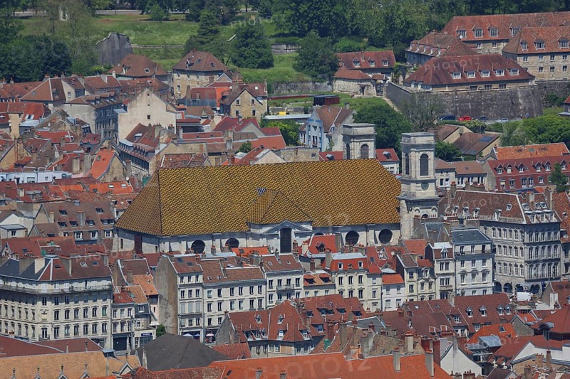 Townscape and Ste-Madeleine Cathedral, view from above, Besançon, Doubs, France