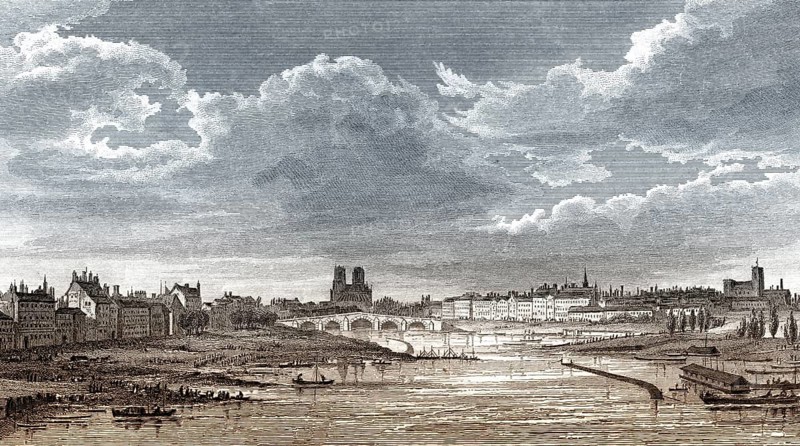 Panorama of Paris with Notre-Dame de Paris, antique steel engraved print, 1831