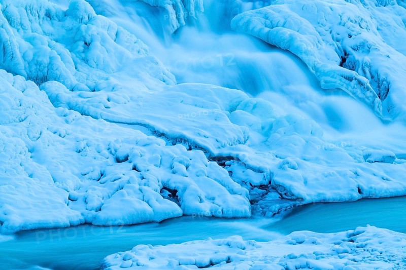 Gullfoss, waterfall of the Hvítá river, detail, ice, frost, snow, winter, Haukadalur, Iceland, Scandinavia