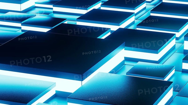 Abstract background design featuring a network of glowing geometric shapes in blue tones, creating a visually captivating technological atmosphere