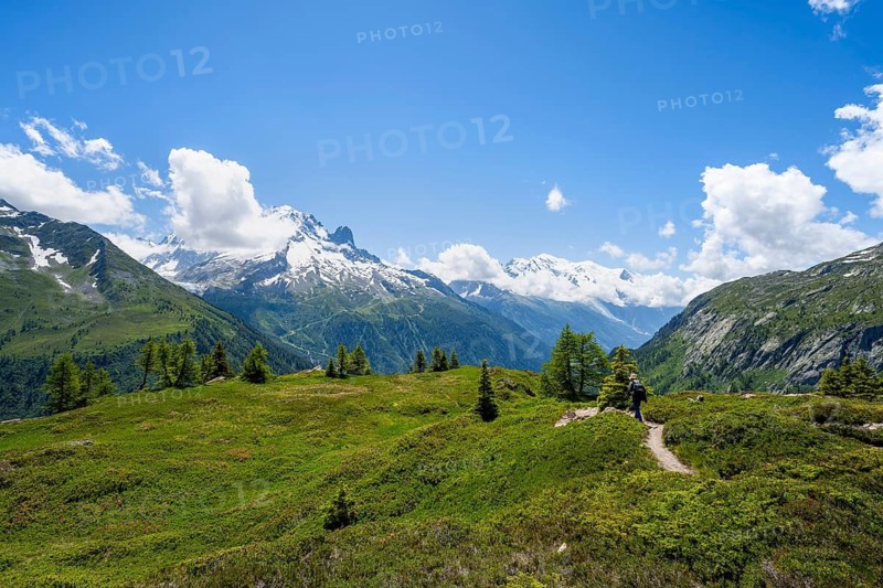 Mountaineers on hiking trail, mountain panorama with glaciated mountain peaks, Aiguille du Midi and Mont Blanc, hiking to Aiguillette des Posettes, Chamonix, Haute-Savoie, France