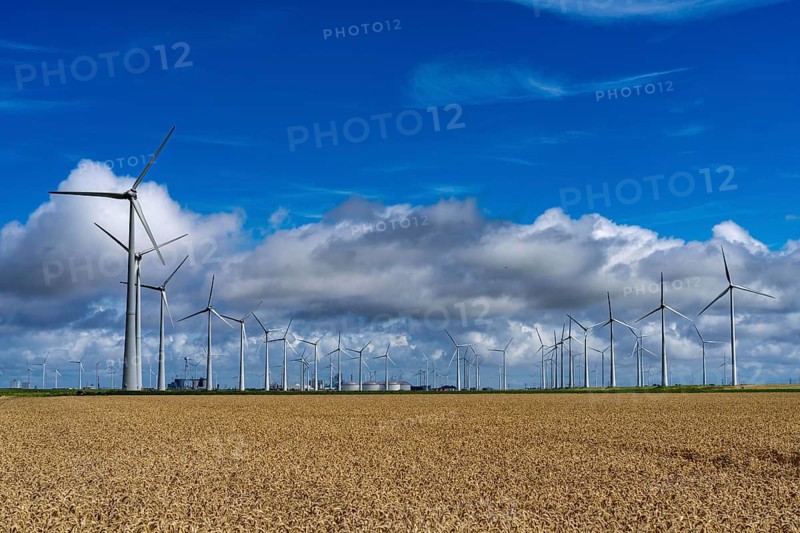 Wind farms Westereems and Growind, in the north of the Netherlands, near Eemshaven, energy centre, in addition to wind energy there are coal and gas-fired power plants and various energy infrastructure facilities, Netherlands