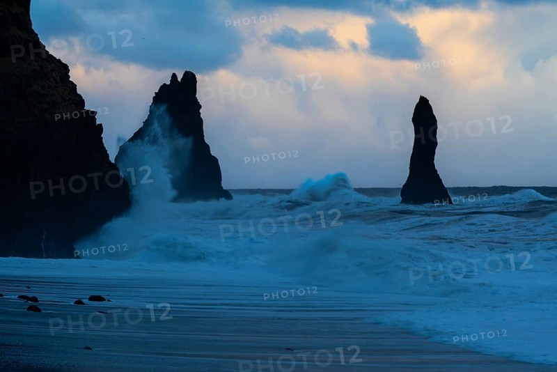 Reynisdrangar pinnacles, lava sandy beach, lava rocks, sea, waves, surf, sunset, Vik, Iceland, Scandinavia