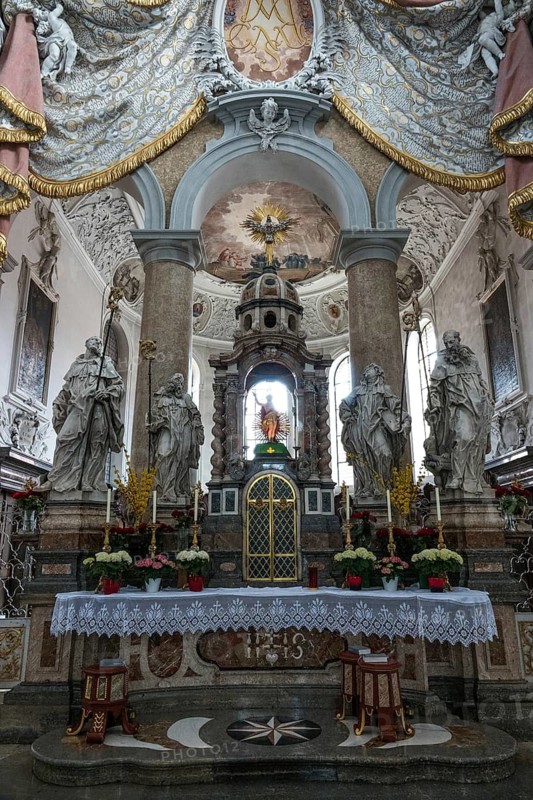 Church, baroque basilica of St. Mang, interior view, altar area, Füssen, Ostallgäu, Bavaria Germany