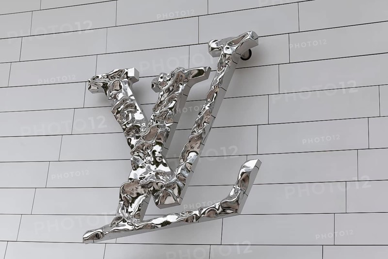 Louis Vuitton logo at the Louis Vuitton Foundation, Le vaisseau de verre, glass ship, futuristic building by architect Frank Gehry, Bois de Boulogne, Paris, France