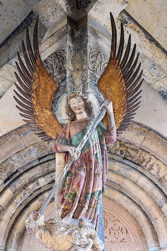 Archangel Michael at the entrance to the portal of the parish church of St. Michael. City view of Schwäbisch Hall, Baden-Württemberg, Germany