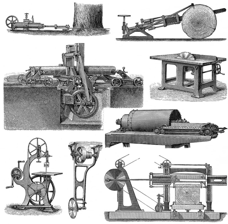 Historical illustration, 19th Century, sawing machines, Sägemaschinen, historische Zeichnung, 19. Jahrhundert
