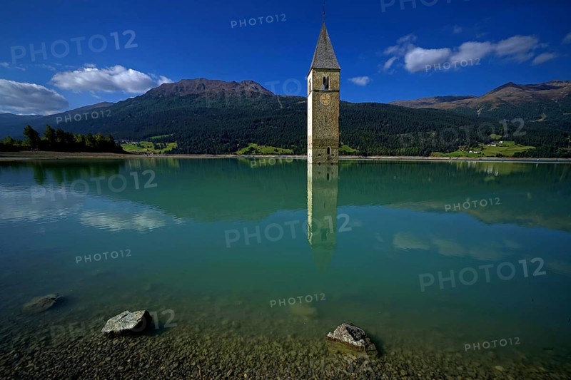 Italy, South Tyrol, Reschensee with sunken church tower, Reservoir, Reschen and Graun, Reschensee, South Tyrol, Italy