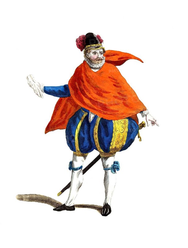 Historical clothing, fashion in the course of time, clothing of a nobleman from Burgundy in 1577, France, digitally restored reproduction of a model from the 18th/19th century, exact date unknown, Renaissance man with red cloak, blue trousers and sword, in motion