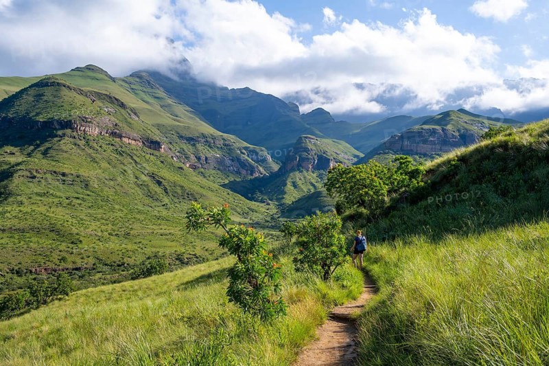 Female hiker on hiking trail, mountains with fog at the amphitheatre, Drakensberg National Park, KwaZulu Natal, South Africa