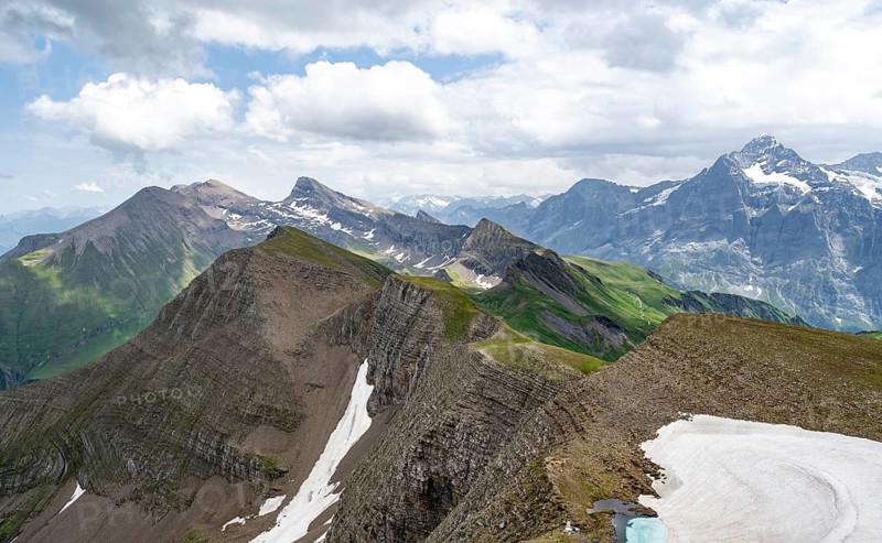 View from the Faulhorn summit, Schreckhorn mountain summit in the back, mountain landscape, Bernese Alps, Bernese Oberland, Switzerland