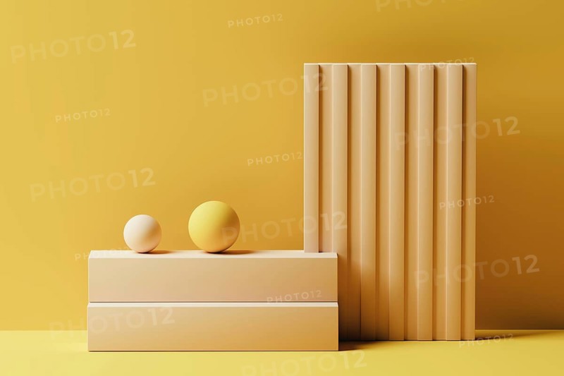 Background of a Minimalistic composition featuring three geometric objects in soft tones. The scene includes two spheres and a rectangular block, creating a harmonious design that captures attention
