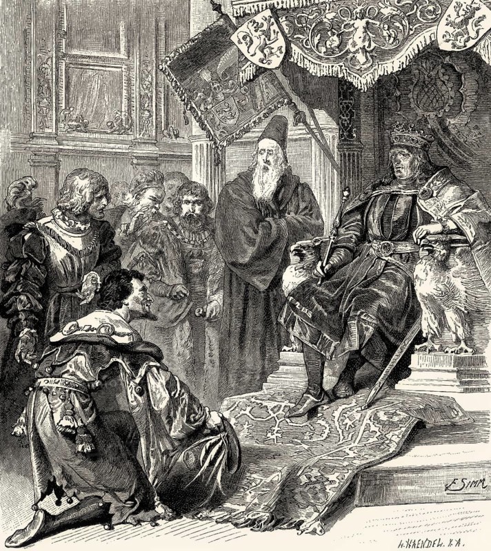 Mephistopheles playing the role of a fool, emperor at the throne, Faust II, first act, by Johann Wolfgang von Goethe