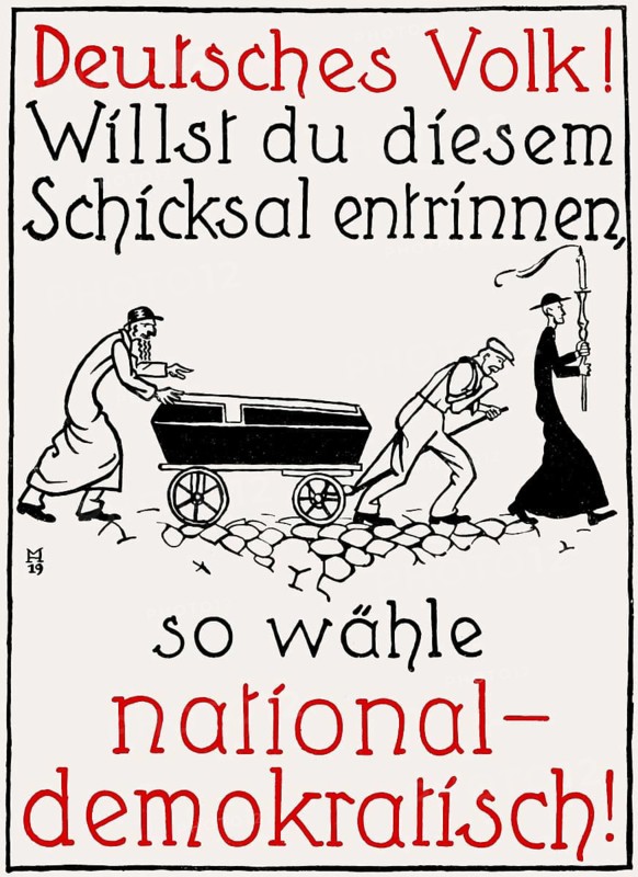 German people! If you want to escape this fate, vote National Democrat, antisemitic German election poster, 1919