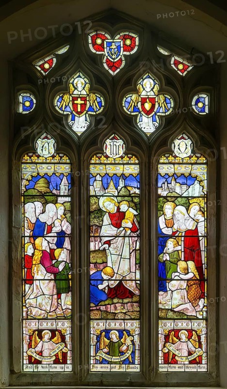 Stained glass window 'Suffer the Little Children' by Burlison & Grylls c 1880, Kelsale church, Suffolk, England, UK