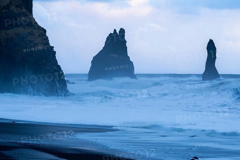 Reynisdrangar pinnacles, lava sandy beach, lava rocks, sea, waves, surf, blue hour, Vik, Iceland, Scandinavia