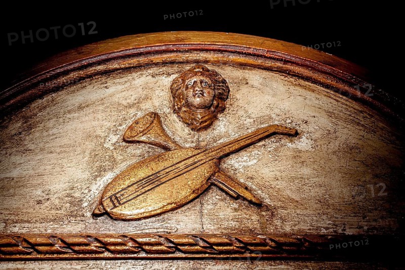 Detail of a musical clock from the 19th century, Organ Museum Borgentreich, Höxter district, North Rhine-Westphalia, Germany
