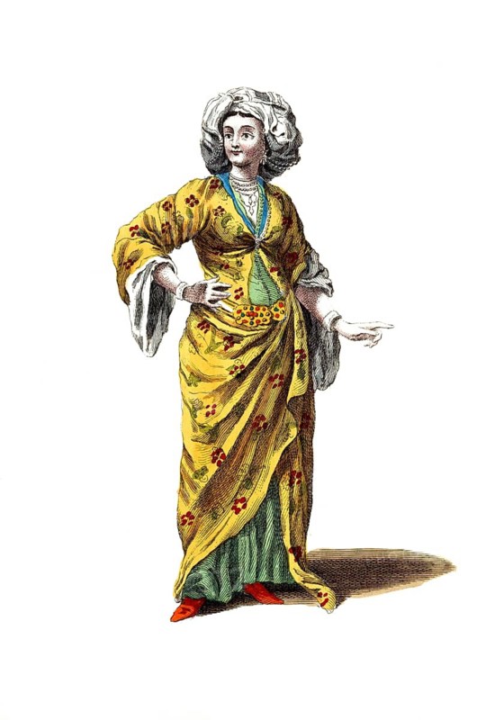 Historical clothing, fashion in the course of time, morning dress of a noble lady from Greece in 1700, digitally restored reproduction of a model from the 18th/19th century, exact date unknown, woman in yellow oriental dress with headscarf, presents herself stylishly and aristocratically