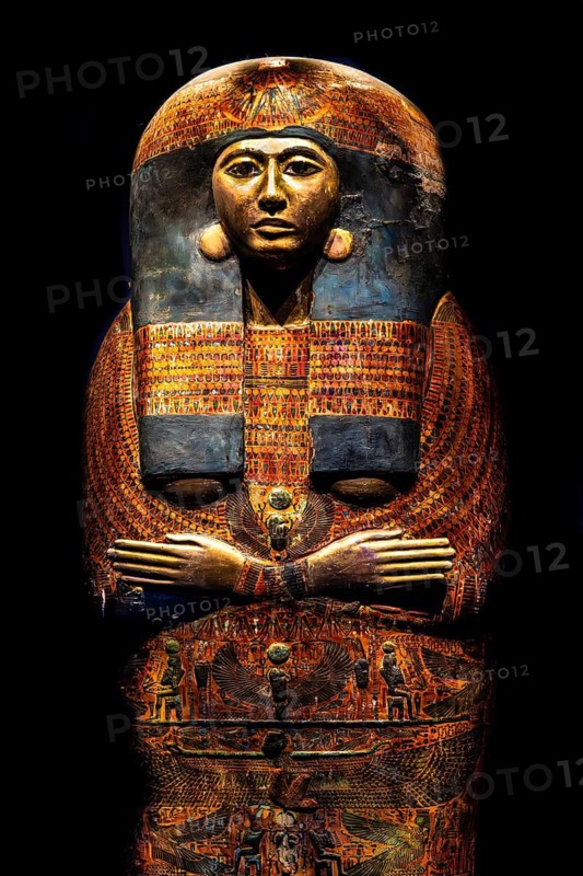 Painted and gilded cedarwood coffin lid of the painting of Piinudjem II, Princess Neschons from the exhibition: Ramses the Great and the Gold of the Pharaohs, Cologne, North Rhine-Westphalia, Germany